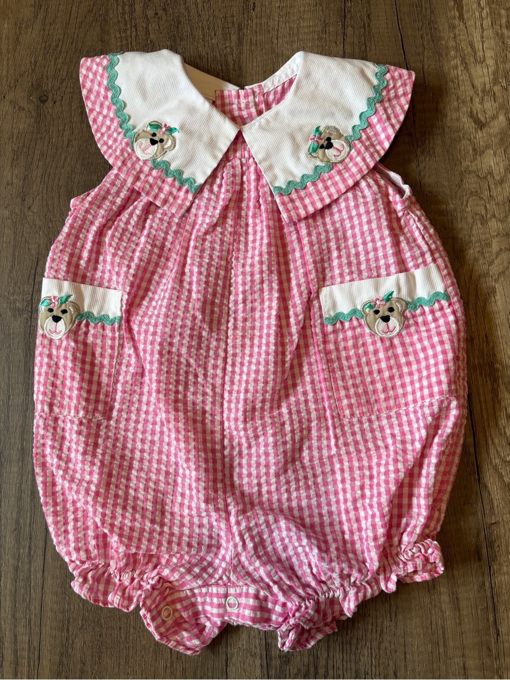 Class Club Pink Gingham Bubble Romper with Bear Applique
